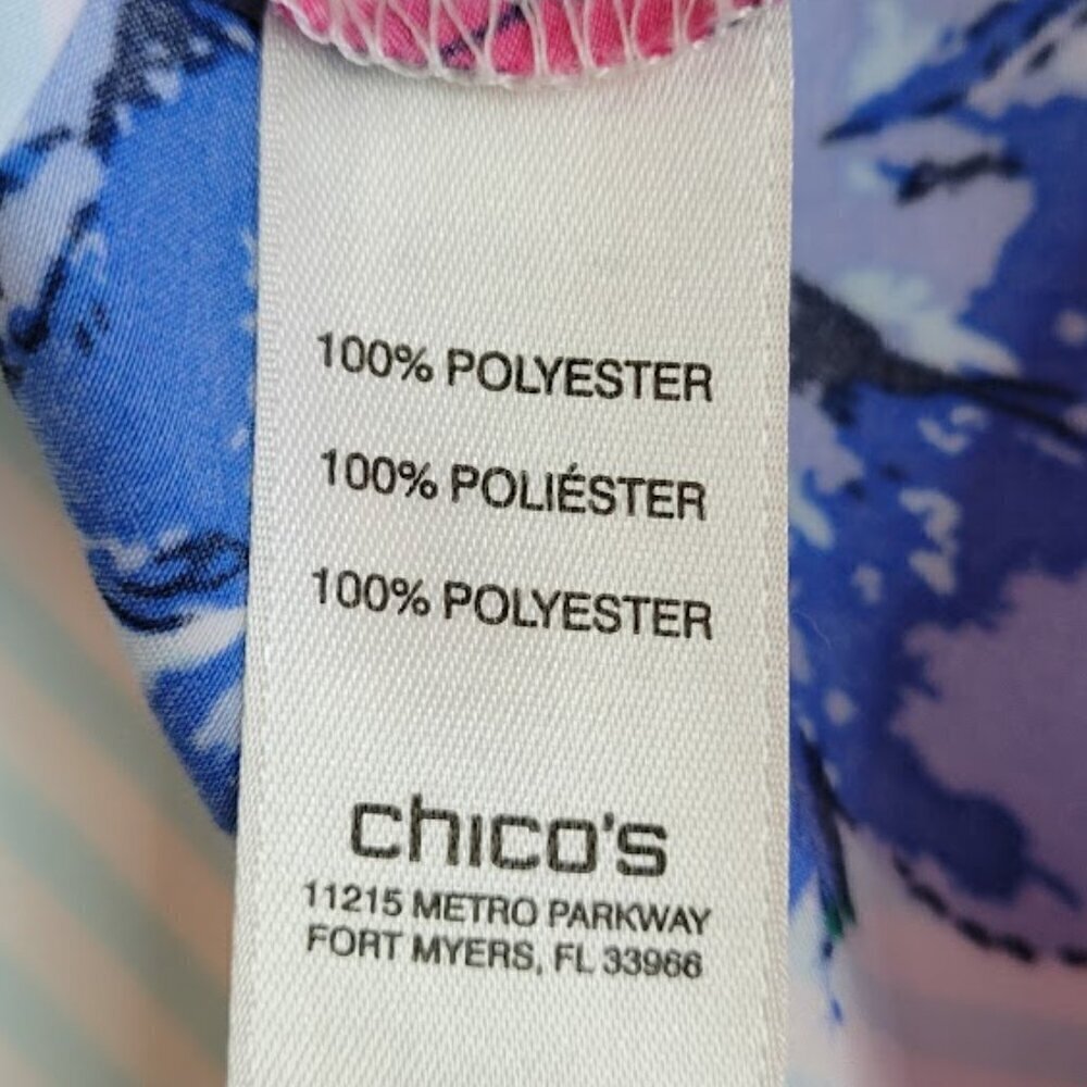 Chico’s Striped Floral Print Blouse Roll Tab Sleeve Pink Blue Women’s Size L - Picture 11 of 13